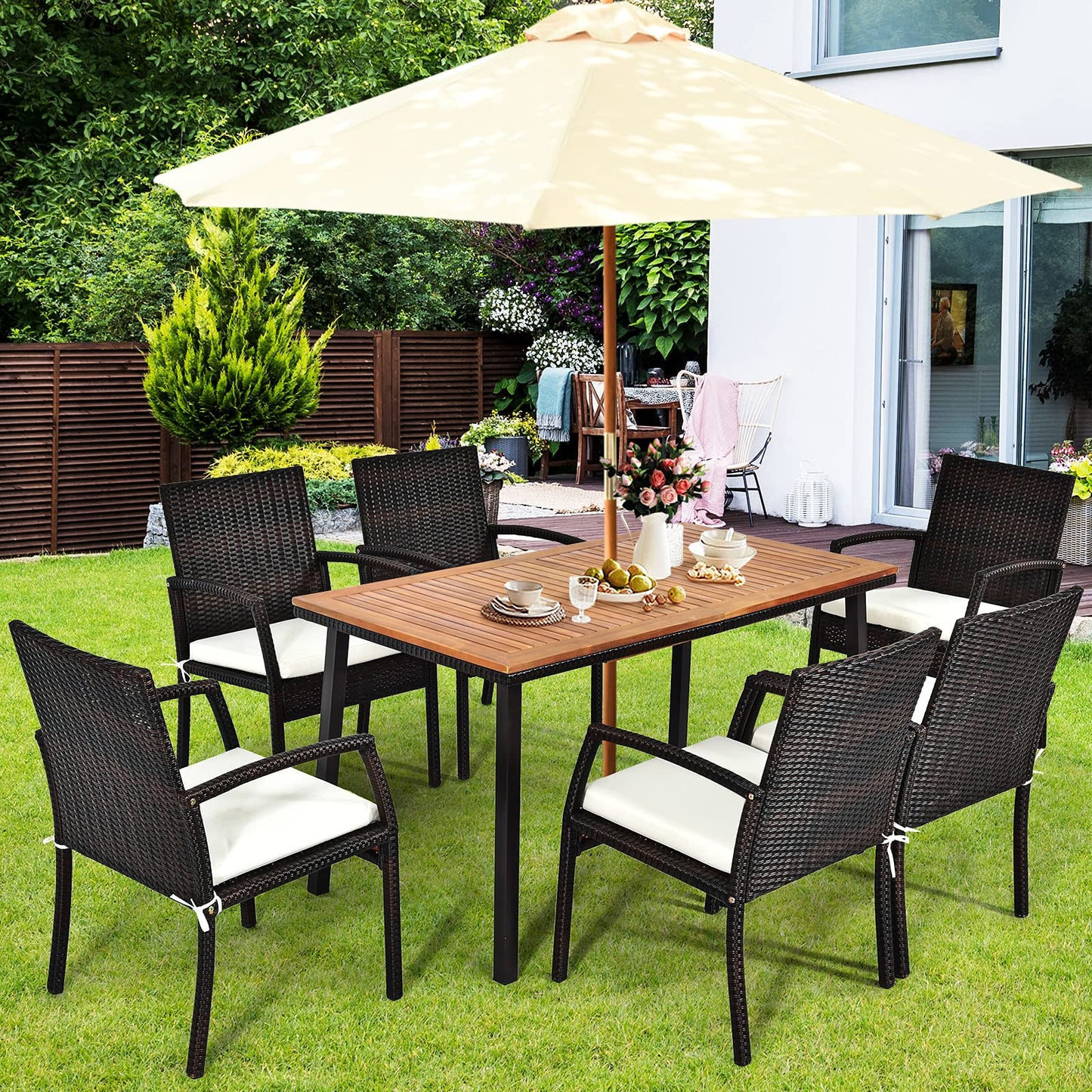 Table de Jardin Extérieur, Table à Manger en Bois avec Trou de Parasol, Idéal pour Terrasse, Patio, Cour, Piscine, 140x75x76CM