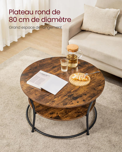 Table Basse, Table Ronde, Table de Salon avec Étagère de Rangement, Montage Facile, Cadre en Métal, Style Industriel, Marron Rustique et Noir LCT80BX - TABLE BOIS