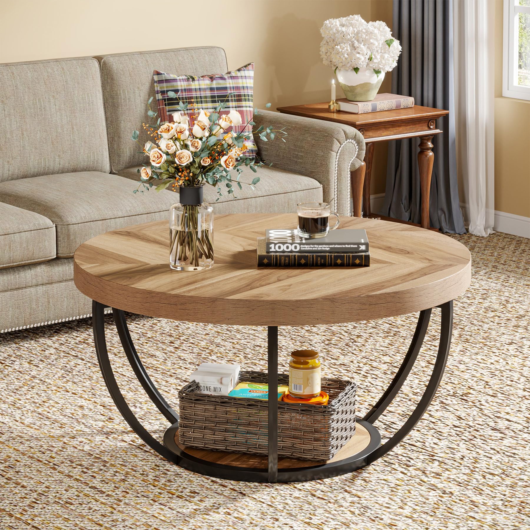 Table basse ronde de cocktail industrielle moderne à 2 niveaux avec étagères, table d'appoint de canapé circulaire avec pieds en métal pour le salon, la maison, grain de bois - TABLE BOIS