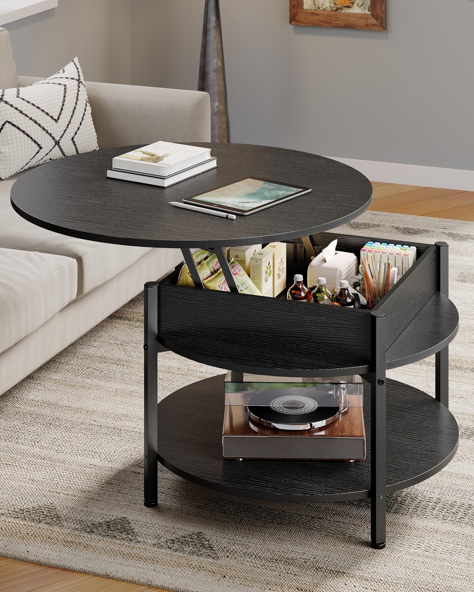 Table Basse Relevable, Table de Salon avec Compartiment Caché et Étagère de Rangement, Table Basse Plateau Relevable, Table à Manger Ronde en Bois, pour Salon, Bureau, Balcon, Noir - TABLE BOIS