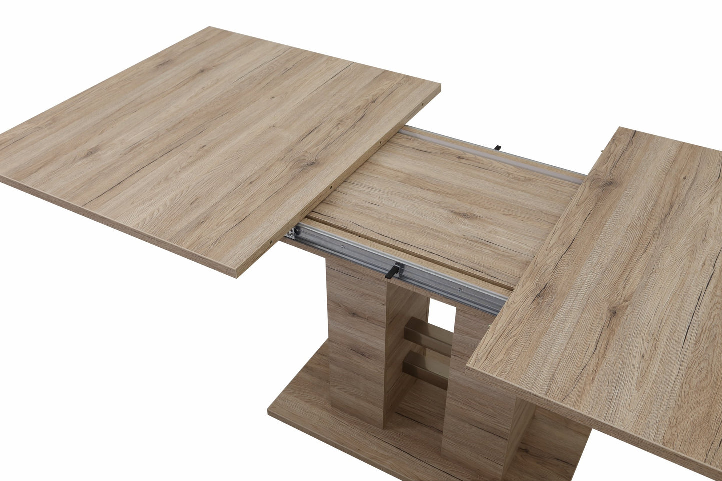 Table Coulissante Avec Piètement À Colonnes, Matériau Dérivé Du Bois Avec Revêtement En Mélamine, Décor Chêne San Remo, Extensible Avec Coulisse Synchrone 140-220 x 90 cm