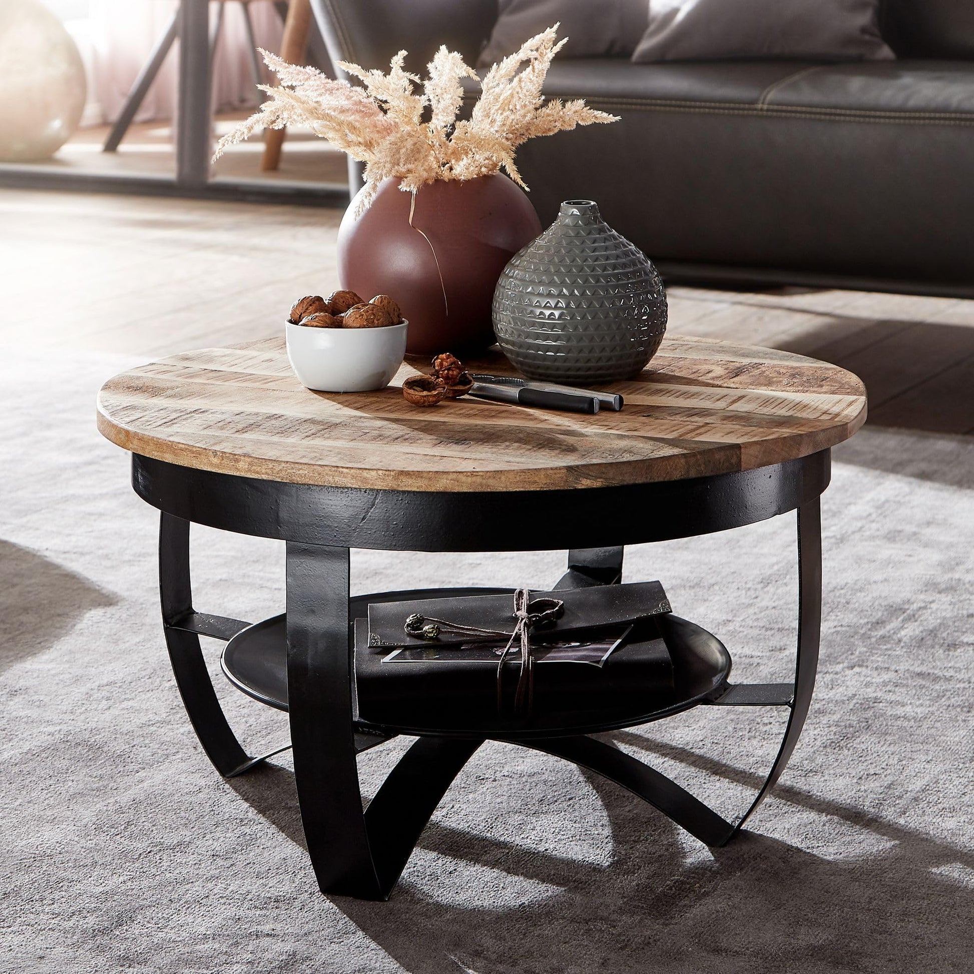 Table Basse Mango en Bois Massif/Metal Noir 60 x 34 x 60 cm | Table d'appoint de Style Moderne | Table de Salon Rond - TABLE BOIS