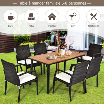 Table de Jardin Extérieur, Table à Manger en Bois avec Trou de Parasol, Idéal pour Terrasse, Patio, Cour, Piscine, 140x75x76CM