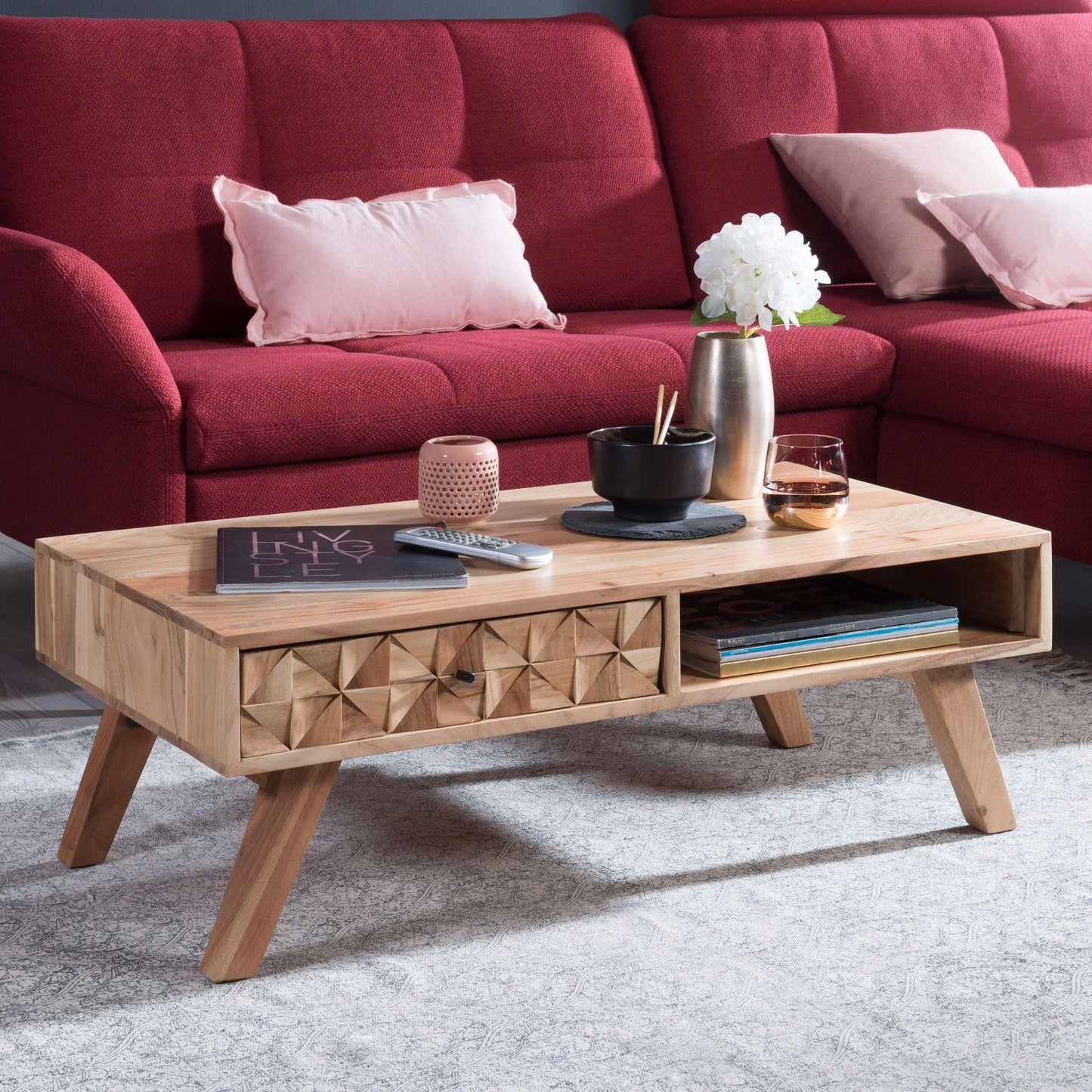 Table Basse Bois Massif Acacia Table de Salon 95 x 35 x 50 cm | Table d'appoint Style Maison de Campagne | Meubles en Bois Naturel Table de Sofa | Table en Bois Massif Meubles en Bois Massif