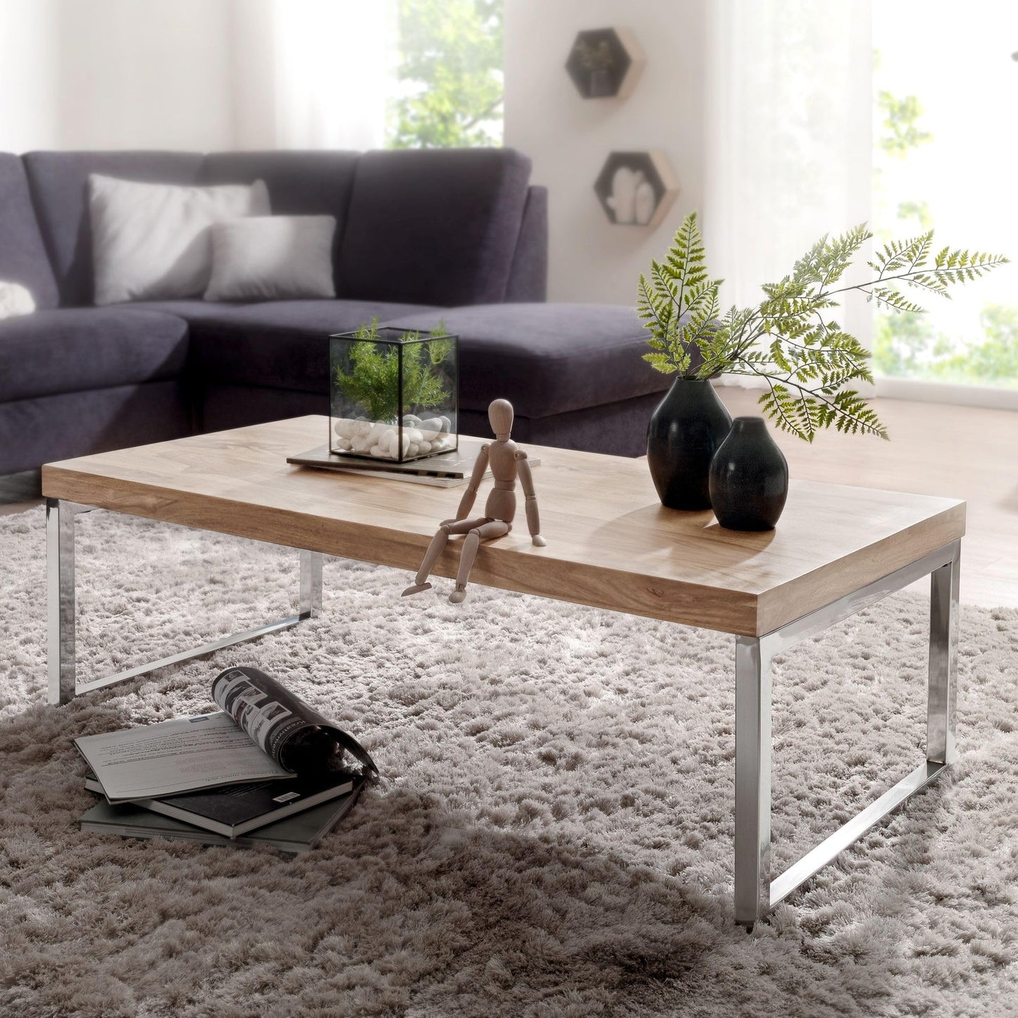 Table Basse Bois Massif Acacia Table de Salon 120 x 40 x 60 cm | Table d'appoint Style Maison de Campagne | Meubles en Bois Naturel Table de Sofa | Table en Bois Massif Meubles en Bois Massif