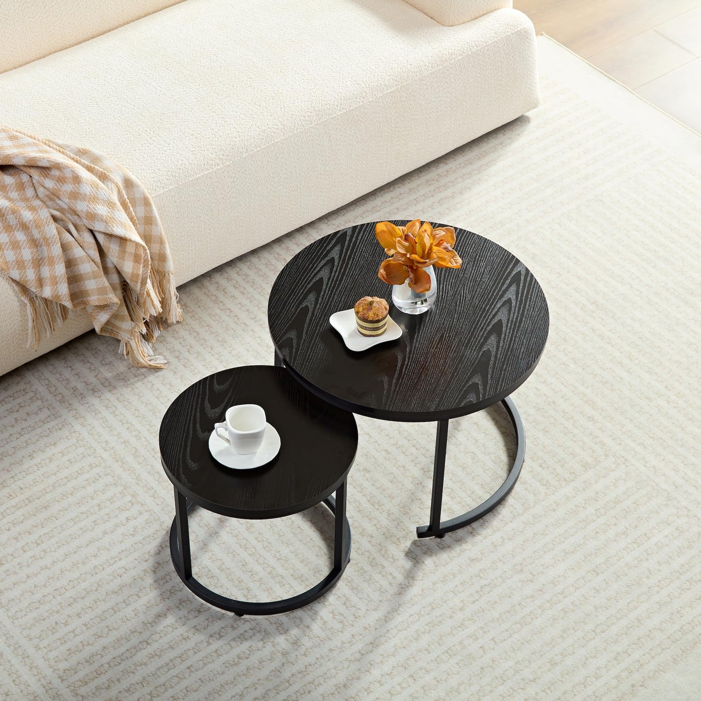 Table Basse Ronde en Bois Set de 2 - Table Basse Ronde Aspect Bois Noir avec Structure métallique Noire - Table Moderne pour Salon, Chambre à Coucher & Balcon, Ø60 Ø40cm - TABLE BOIS