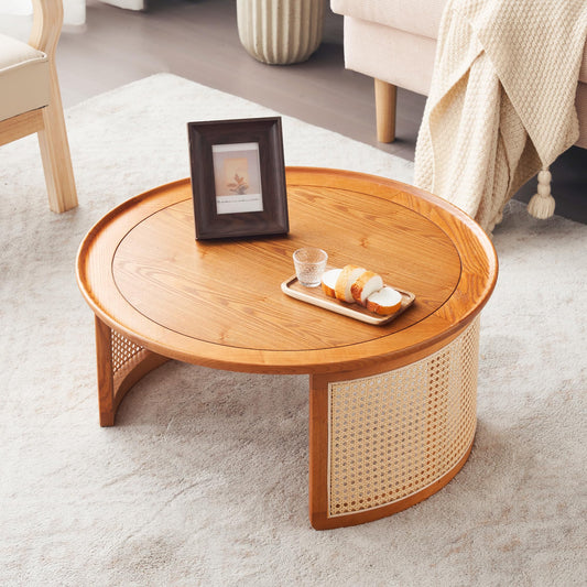 Table basse en bois massif de 70 cm de diamètre - Élégante table basse en chêne de qualité supérieure avec détails en rotin, table basse ronde avec structure en bois massif, très robuste et stable,