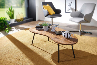 Table Basse Bois Massif Sheesham Table de Salon 122 x 36 x 63 cm | Table d'appoint Style rétro | Meubles en Bois Naturel Table de Sofa avec des Jambes en métal