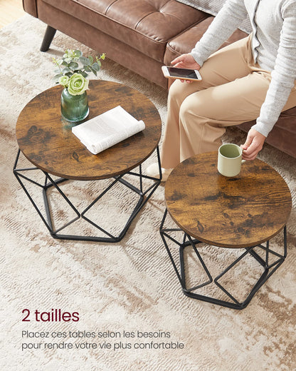 Table Basse Ronde, Lot de 2, Table d’Appoint, Bout de CanapÉ, Style Industriel, Plateau Amovible, Cadre en Acier, pour Salon, Marron Rustique et Noir LET040B01 - TABLE BOIS