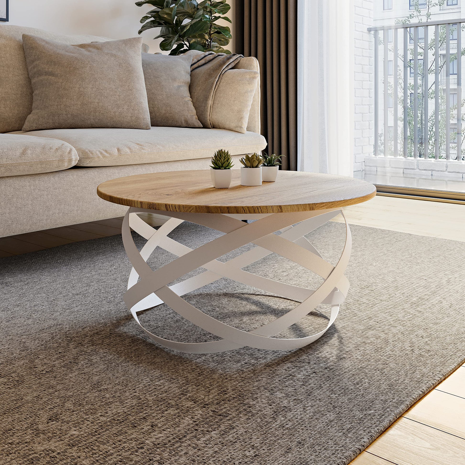 Table Basse de Salon Faite à la Main au Design Moderne, Ronde (Bois Massif de Chêne, Blanc, Ø70x40 cm) - TABLE BOIS