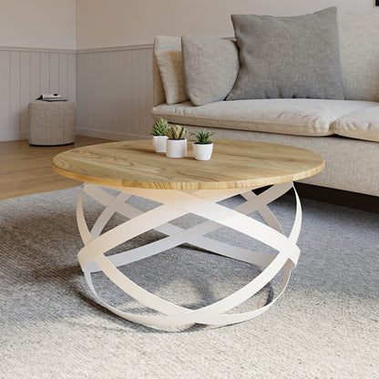 Table Basse de Salon Faite à la Main au Design Moderne, Ronde (Bois Massif de Chêne, Blanc, Ø70x40 cm) - TABLE BOIS