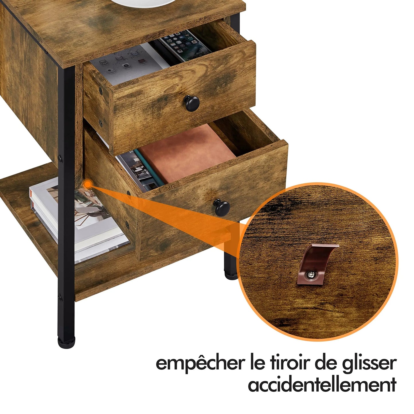 Lot de 2 Tables de Chevet Tables de Nuit Tables d'Appoint en Bois et Métal Industrielle Bout de Canapé Vintage pour Chambre Salon 40 x 40 x 61 cm Brun Rustique TABLE BOIS