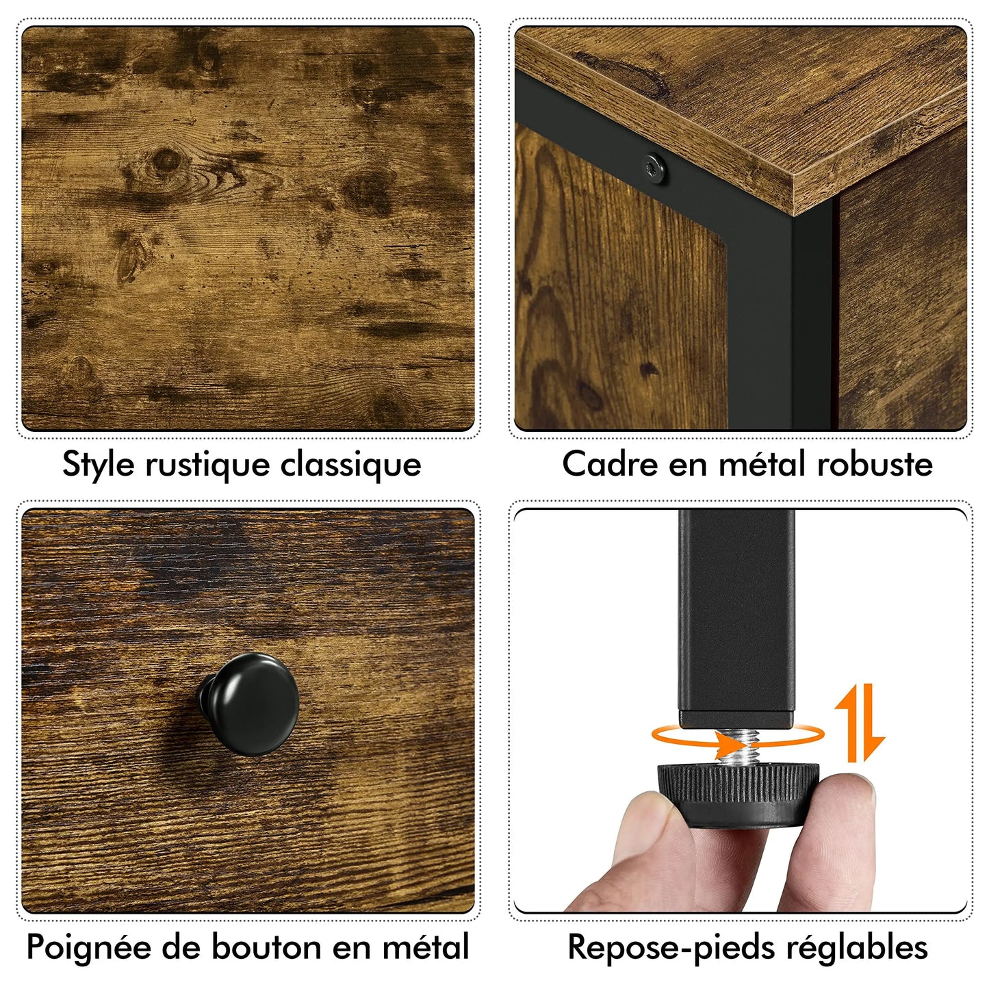 Lot de 2 Tables de Chevet Tables de Nuit Tables d'Appoint en Bois et Métal Industrielle Bout de Canapé Vintage pour Chambre Salon 40 x 40 x 61 cm Brun Rustique TABLE BOIS