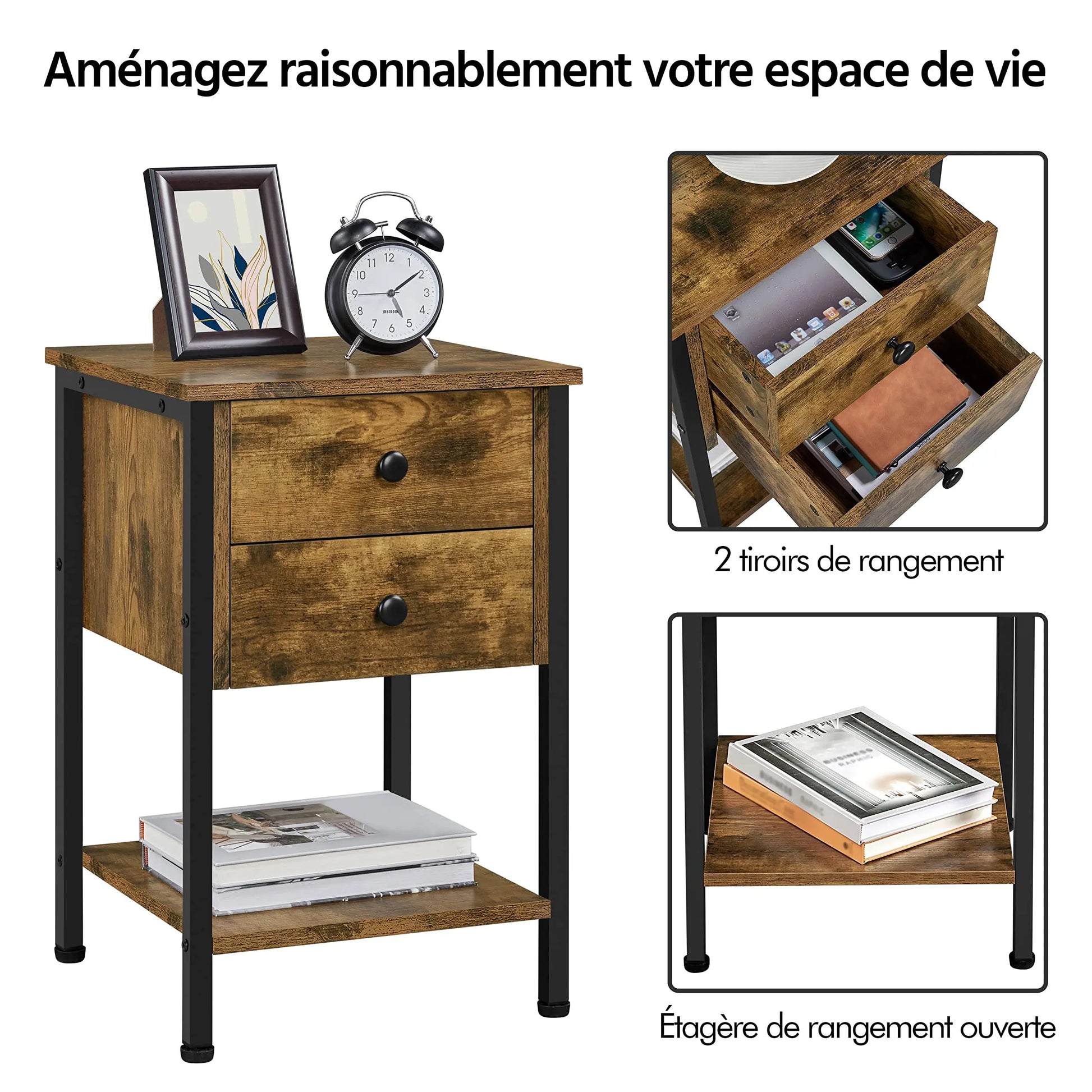 Lot de 2 Tables de Chevet Tables de Nuit Tables d'Appoint en Bois et Métal Industrielle Bout de Canapé Vintage pour Chambre Salon 40 x 40 x 61 cm Brun Rustique TABLE BOIS
