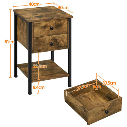 Lot de 2 Tables de Chevet Tables de Nuit Tables d'Appoint en Bois et Métal Industrielle Bout de Canapé Vintage pour Chambre Salon 40 x 40 x 61 cm Brun Rustique TABLE BOIS