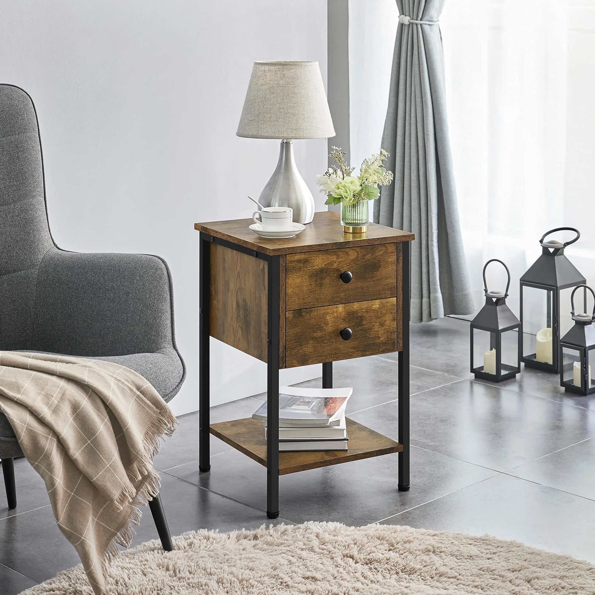 Lot de 2 Tables de Chevet Tables de Nuit Tables d'Appoint en Bois et Métal Industrielle Bout de Canapé Vintage pour Chambre Salon 40 x 40 x 61 cm Brun Rustique TABLE BOIS
